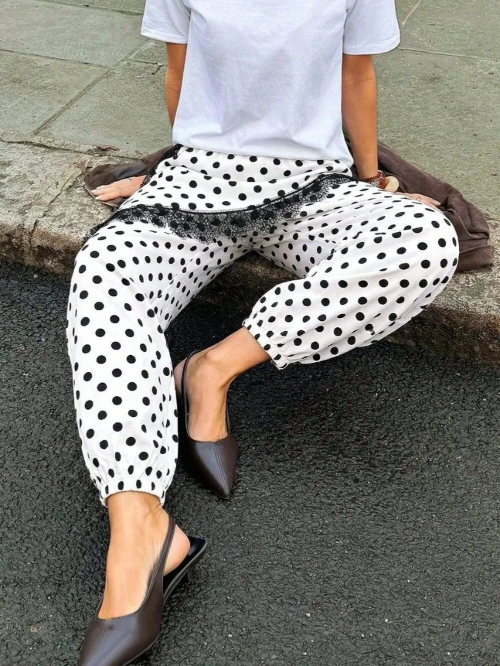 White Casual Women's Polka Dot Lace Elastic Waist Pants - Picture 3 of 5